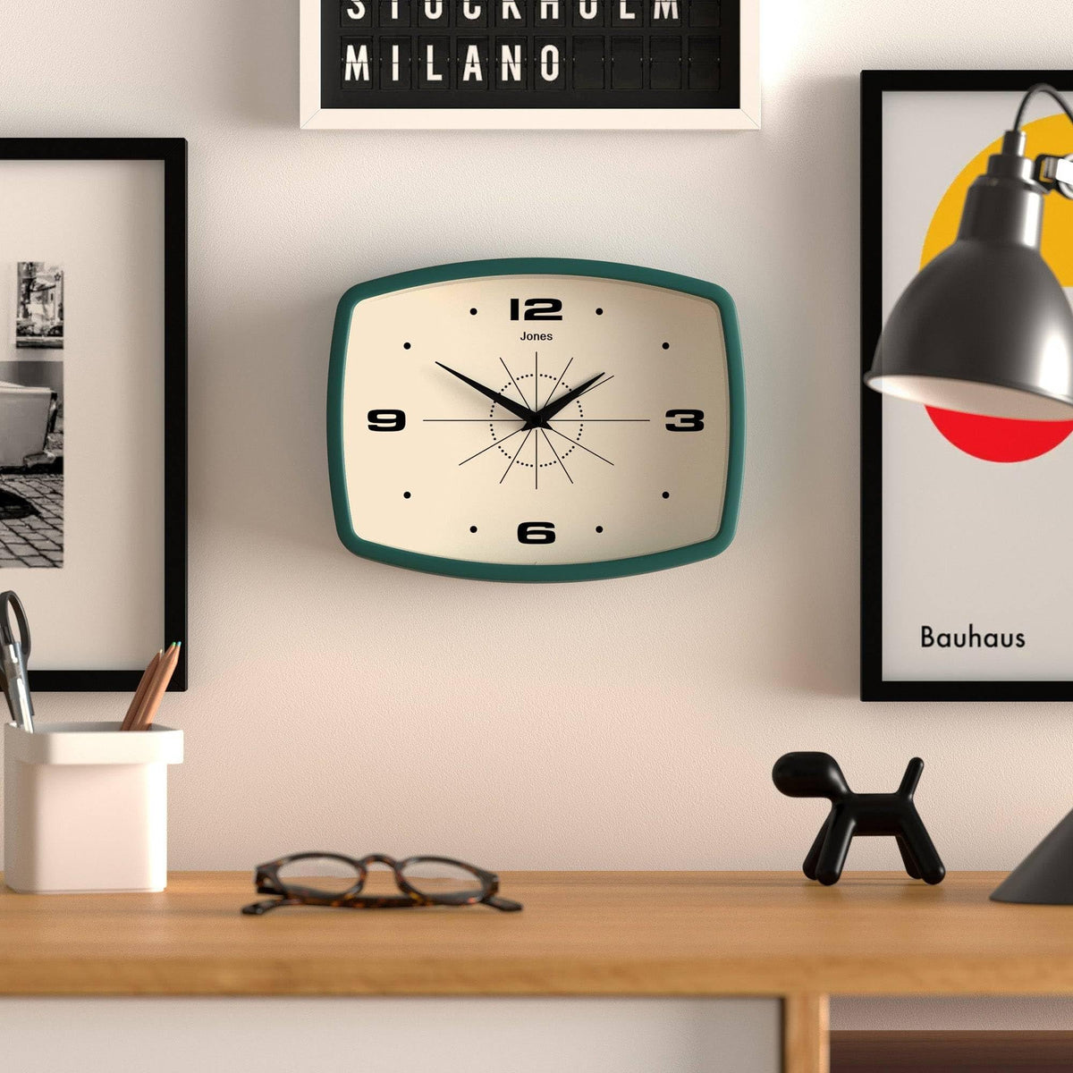 Jones Clocks retro rectangular clock perfect for study or office spaces.