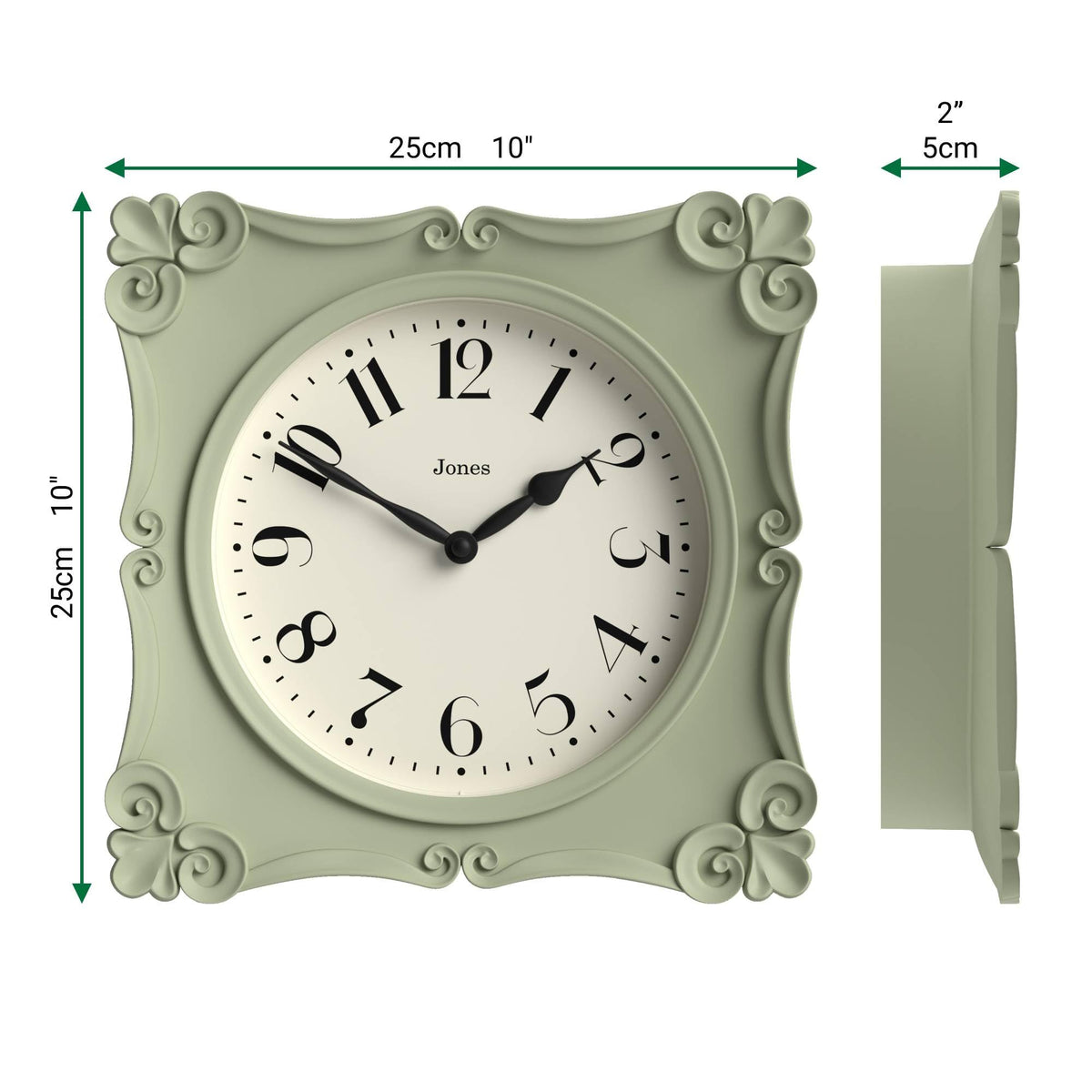 Jones Clocks Rialto face close-up reveals clear numerals and precise timekeeping aesthetic.