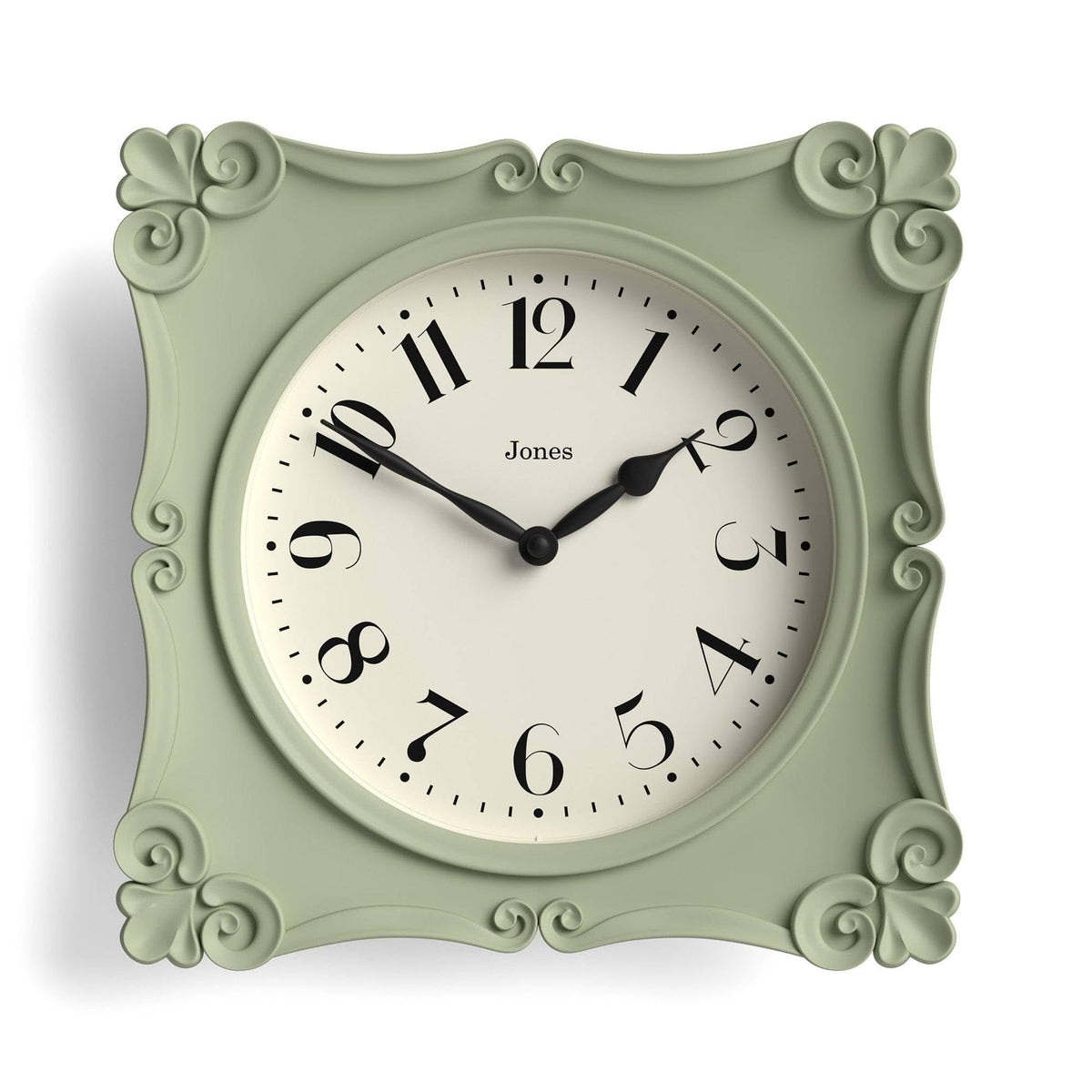 Jones Clocks Rialto sage green square clock front view offers vintage elegance for living rooms.