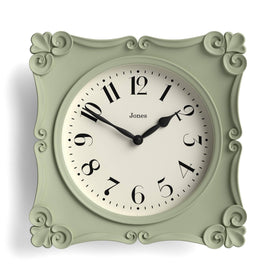 Jones Clocks Rialto sage green square clock front view offers vintage elegance for living rooms.