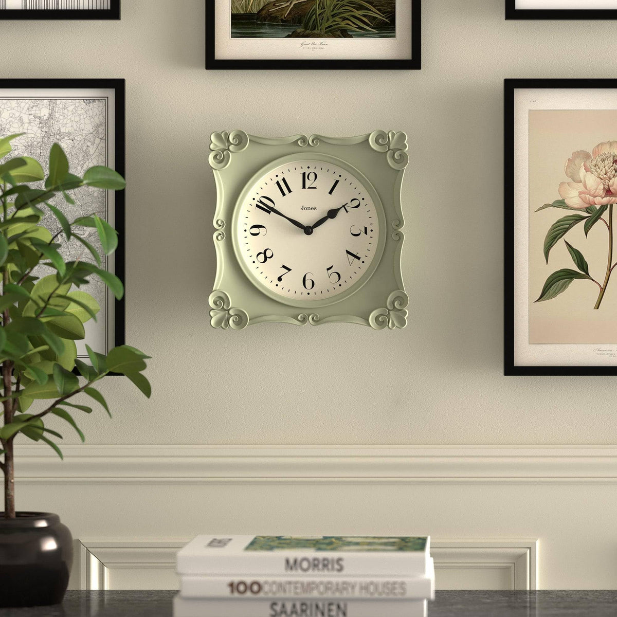 Jones Clocks Rialto ornate scroll accents highlight its antique-inspired style on display.