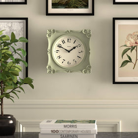 Jones Clocks Rialto ornate scroll accents highlight its antique-inspired style on display.