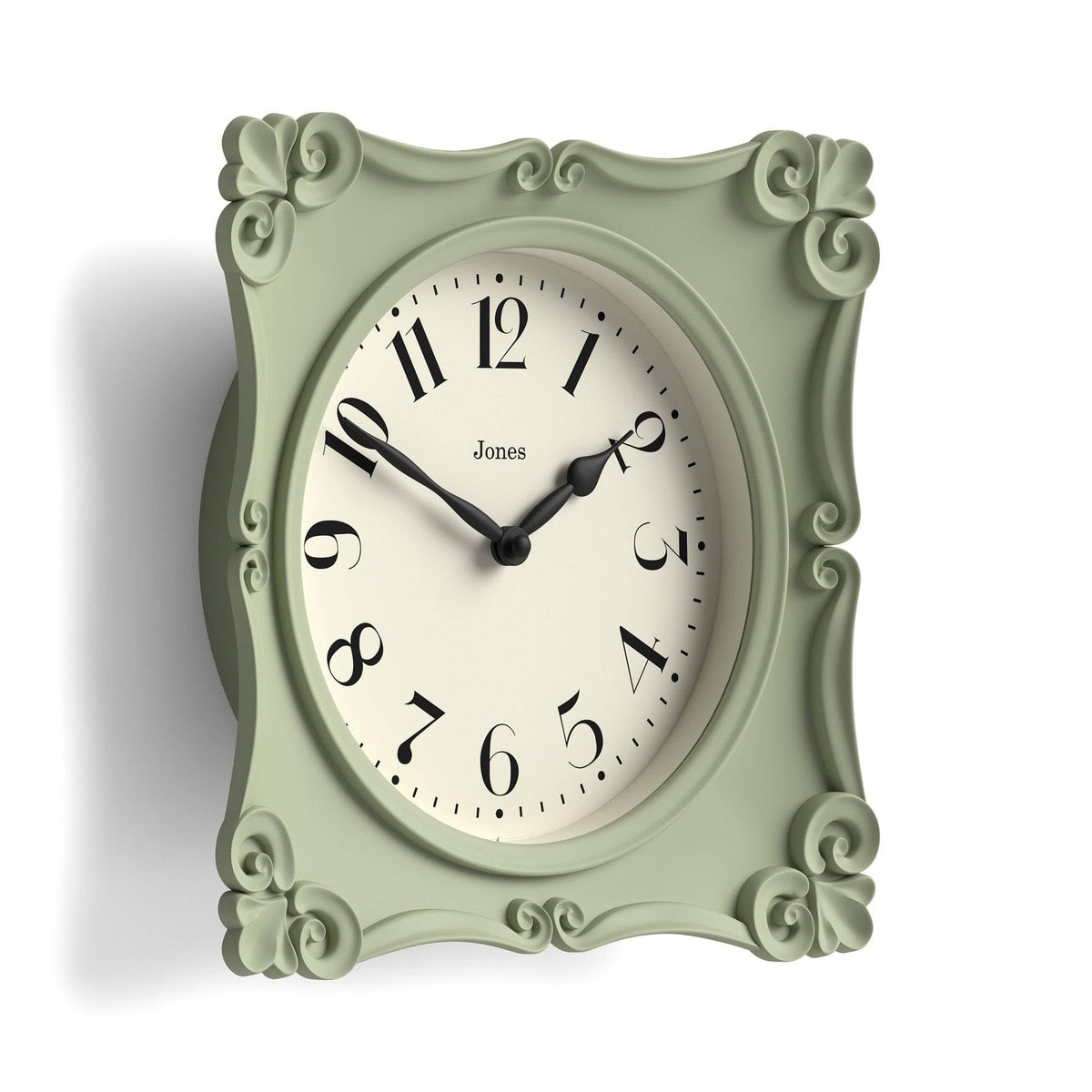 Jones Clocks Rialto sculptured frame detail adds decorative charm to any wall.