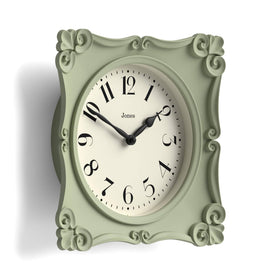 Jones Clocks Rialto sculptured frame detail adds decorative charm to any wall.