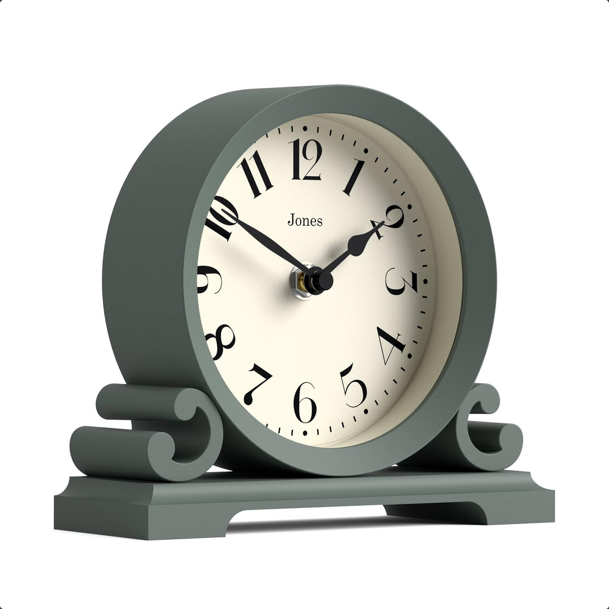 Jones Clocks Saloon mantel clock in green on a mantelpiece adds classic charm.