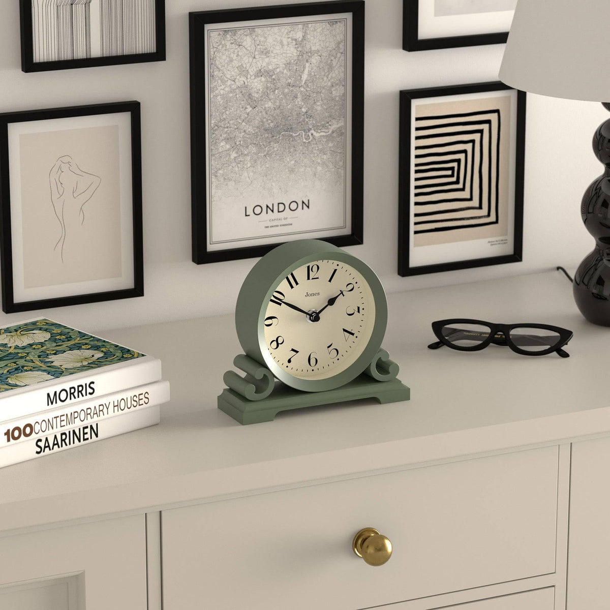 Jones Clocks Saloon clock compact size on bedside table, ideal for small spaces.
