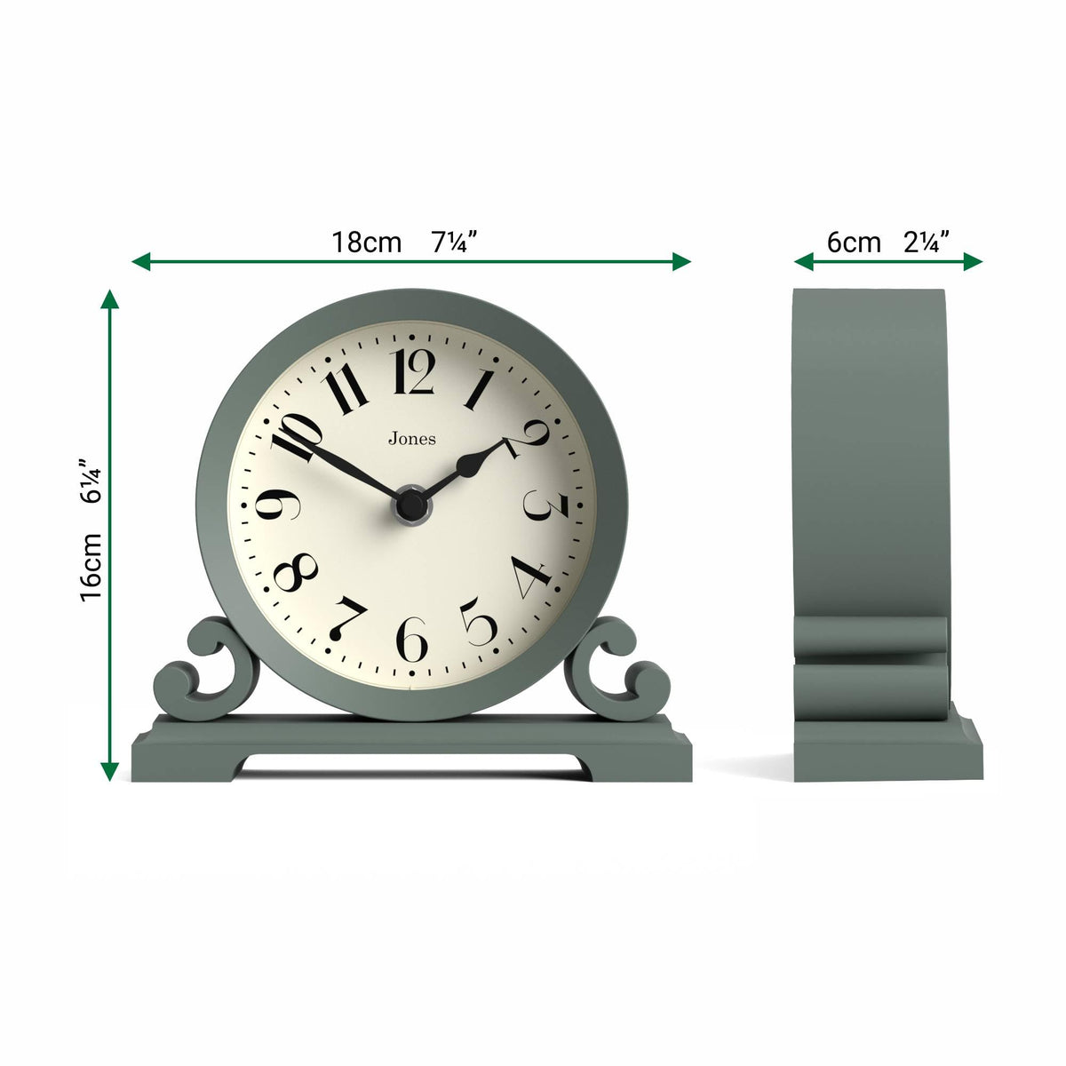 Jones Clocks Saloon clock green finish on desk, blends with modern decor.