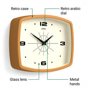 Jones Clocks UK-designed retro clock evokes mid-century vibes.