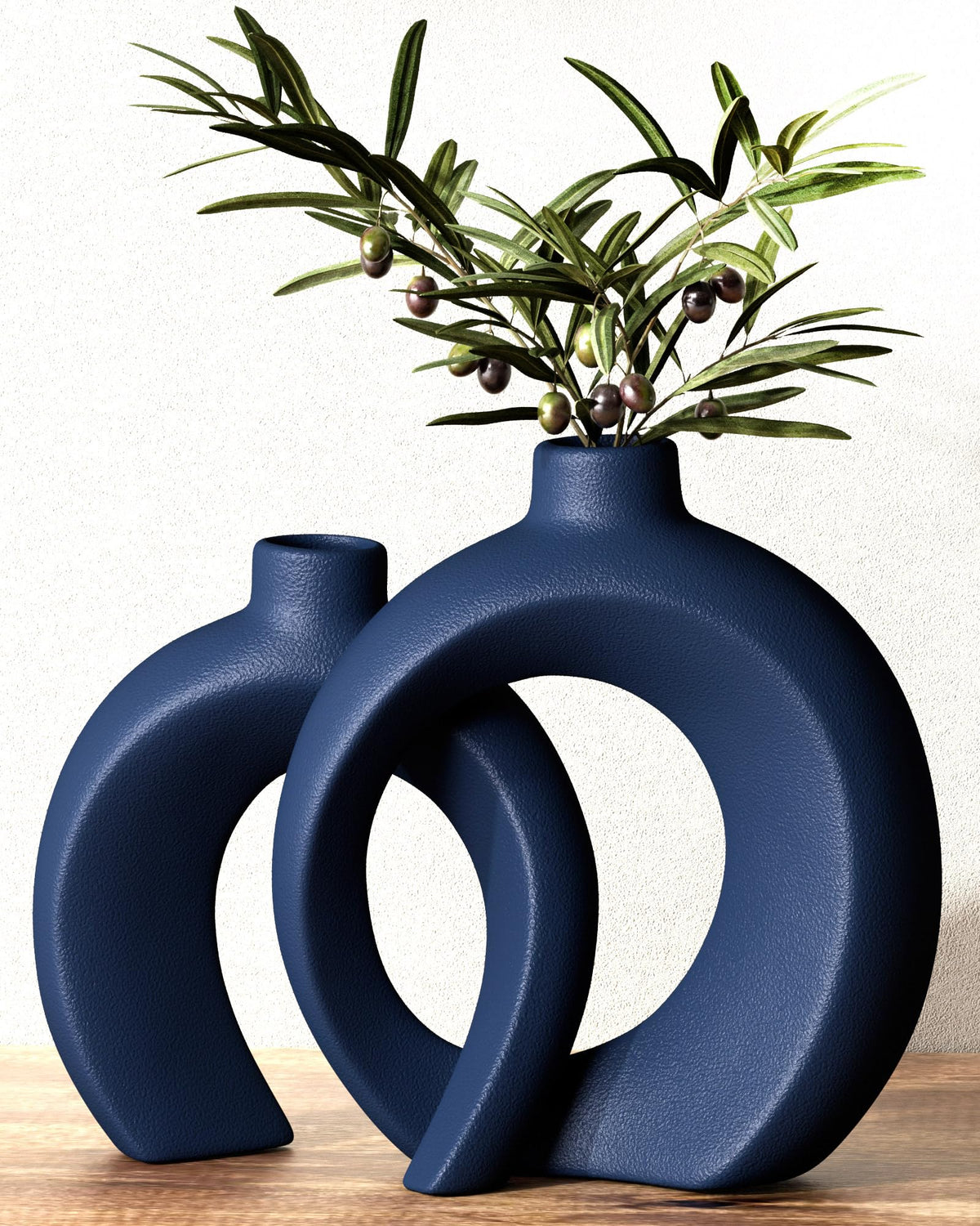 Jonronboci Blue Donut Vase Pair front view for living room centerpiece