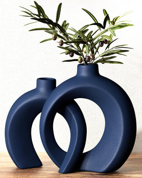 Jonronboci Blue Donut Vase Pair front view for living room centerpiece