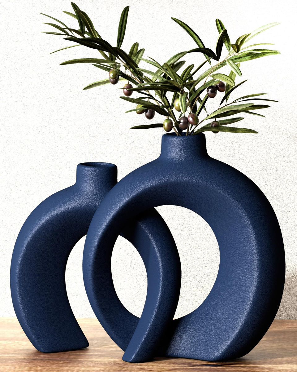 Jonronboci Blue Donut Vase Pair front view for living room centerpiece