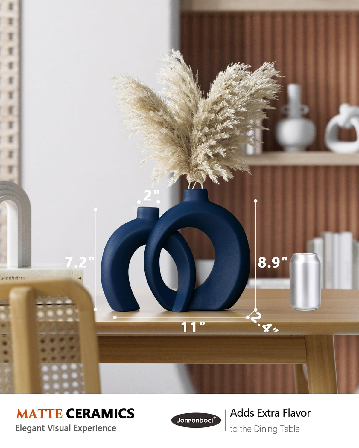 Jonronboci Blue Donut Vases on coffee table elevate modern shelves