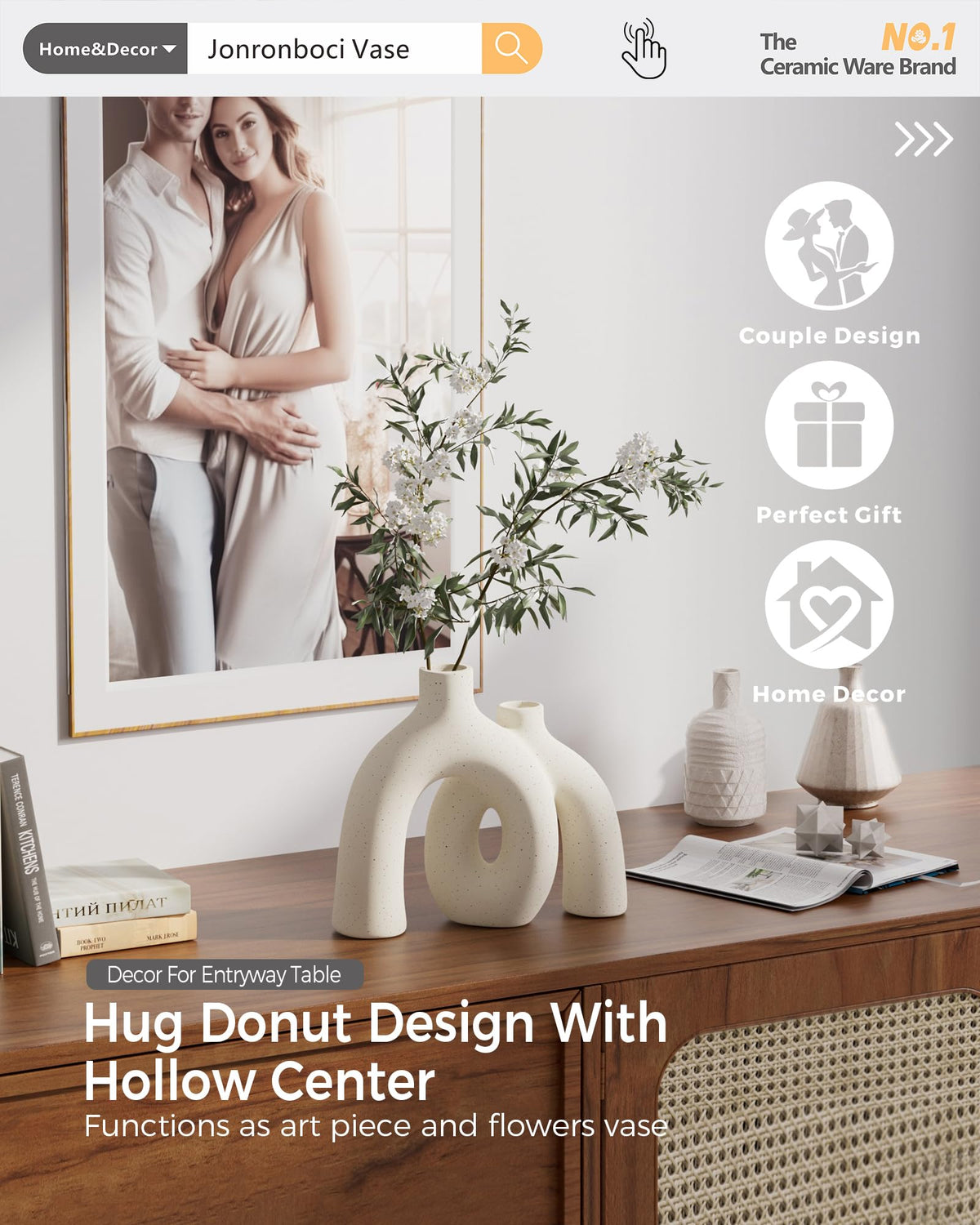 Jonronboci Hug Donut Vase Set cream white, back view shows conjoined artful design.
