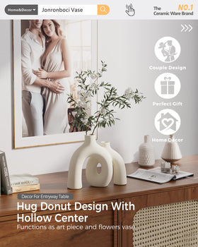 Jonronboci Hug Donut Vase Set cream white, back view shows conjoined artful design.