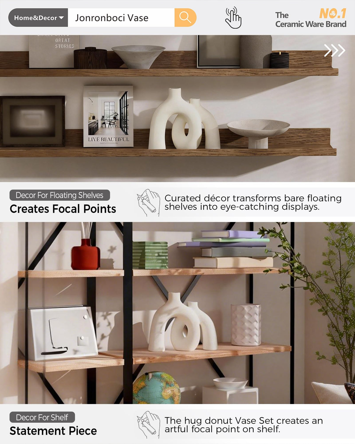 Jonronboci Hug Donut Vase Set cream white, living room shelf pairs with dried stems.
