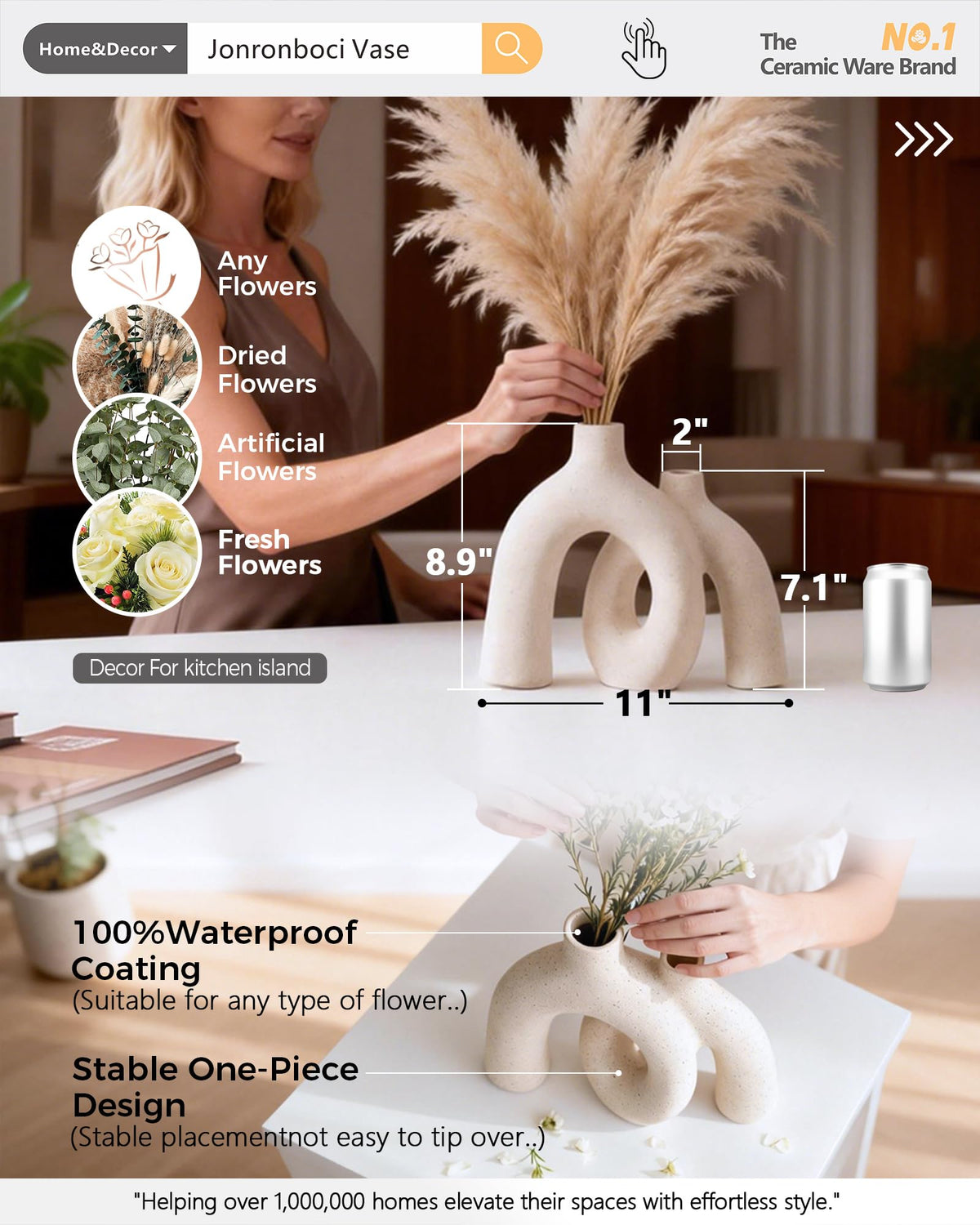 Jonronboci Hug Donut Vase Set cream white, side view enhances modern shelves.