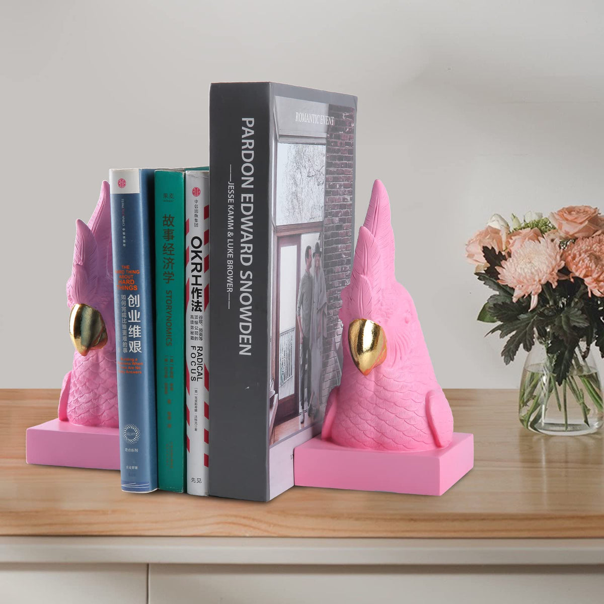 JOOMBE Pink Parrot Bookends desk setup; stylish organization for home office