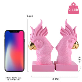 JOOMBE Pink Parrot Bookends front view; eye-catching decor and stability
