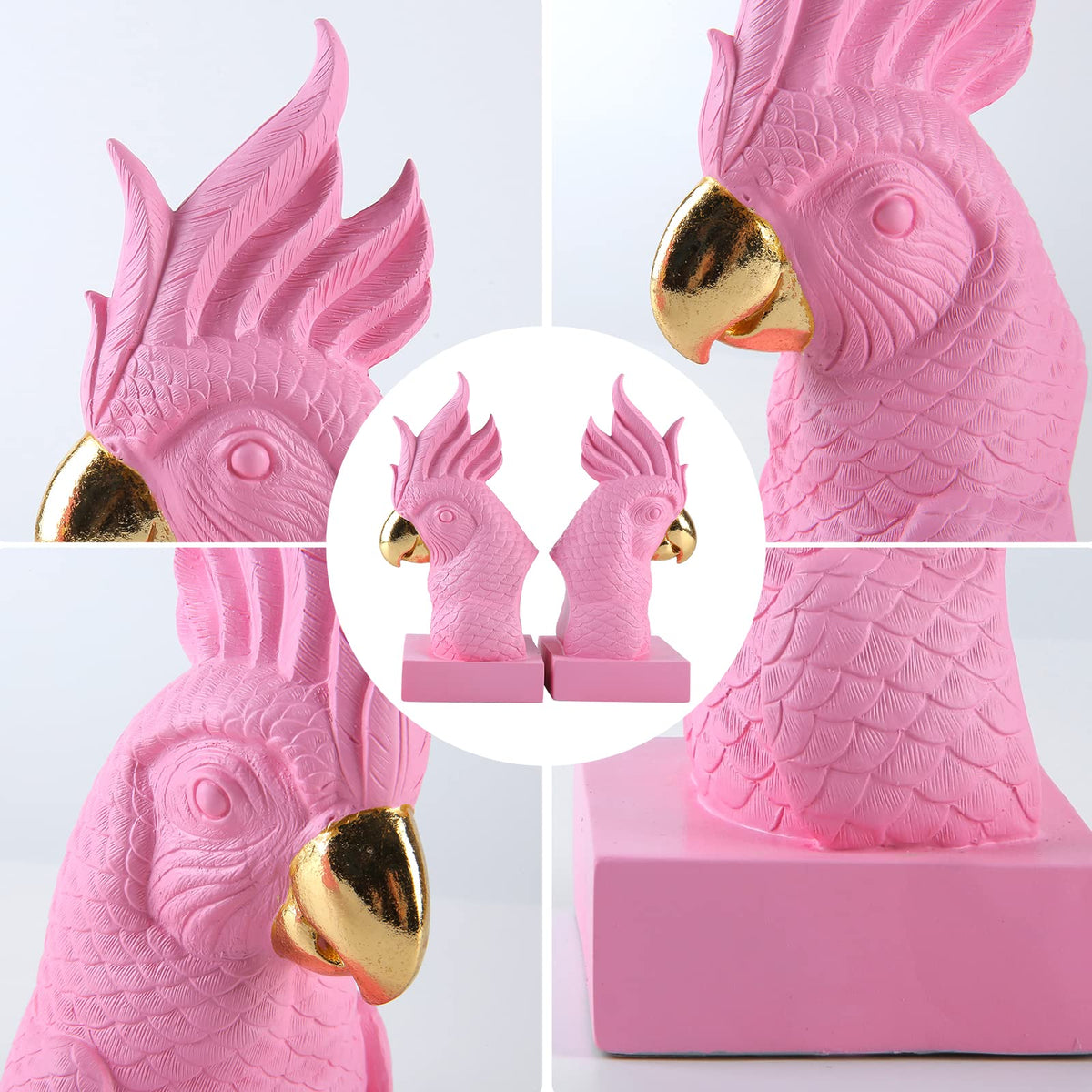 JOOMBE Pink Parrot Bookends on shelf; keeps volumes neatly aligned