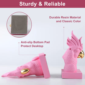JOOMBE Pink Parrot Bookends with heavy books; non-slip base for secure stacking