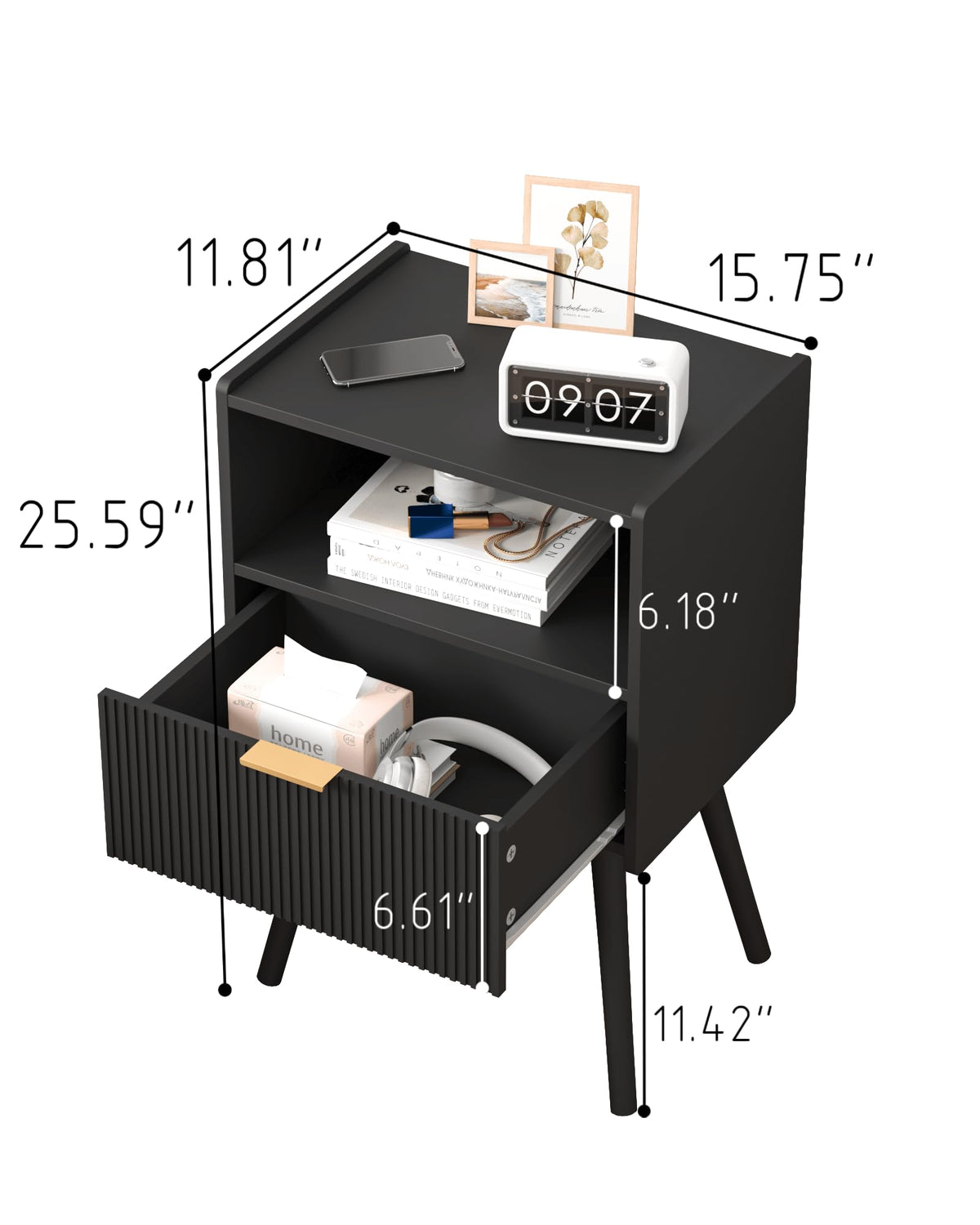 Open drawer on JOONEE black nightstand showing accessible interior storage.