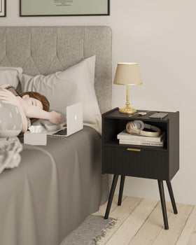 JOONEE black nightstand open wood shelf for books and decor.