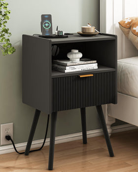 JOONEE black nightstand with outlet, front view—bedside charging made easy.