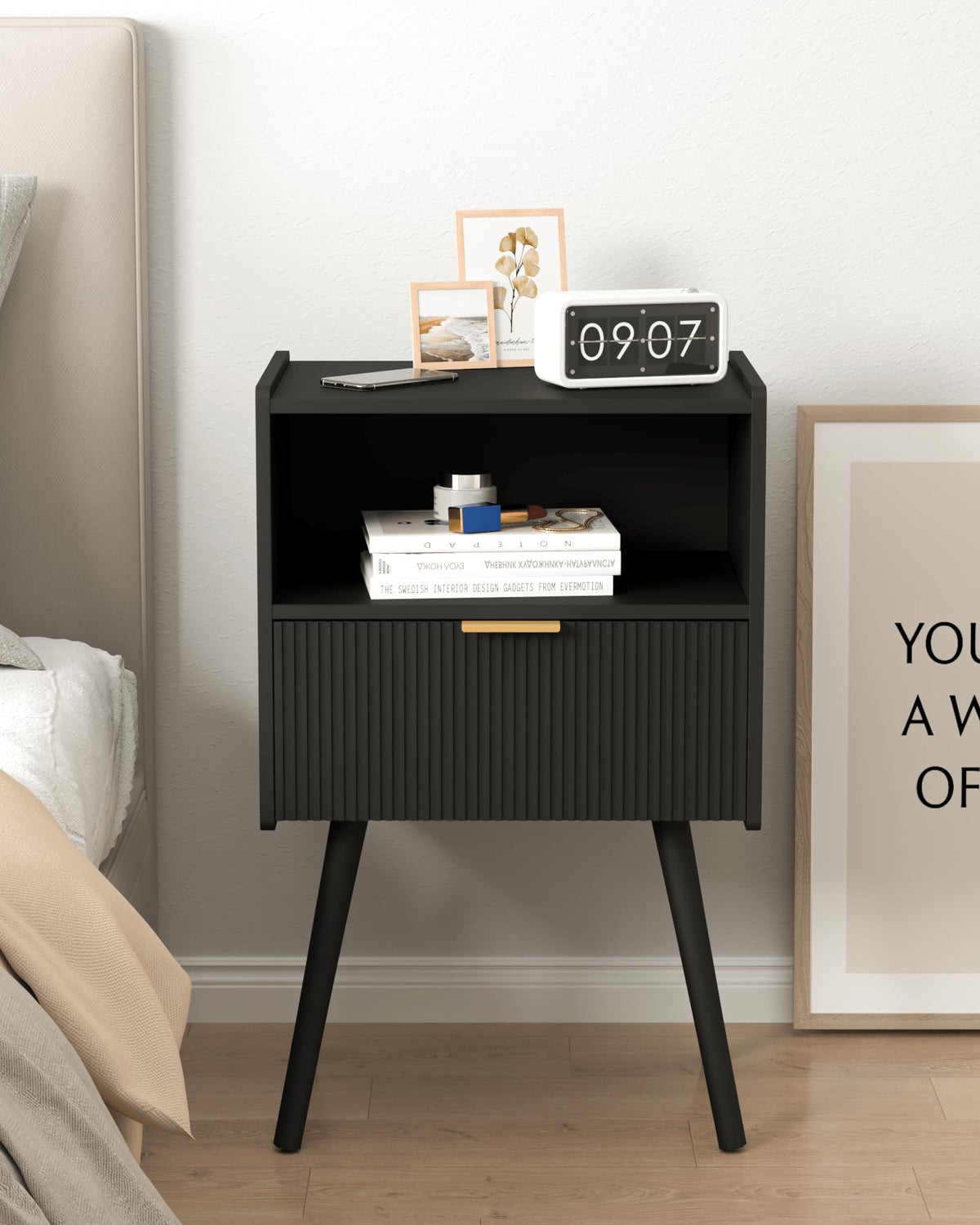 JOONEE black nightstand with solid wood legs in classic finish.