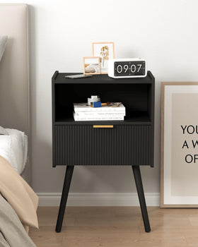JOONEE black nightstand with solid wood legs in classic finish.