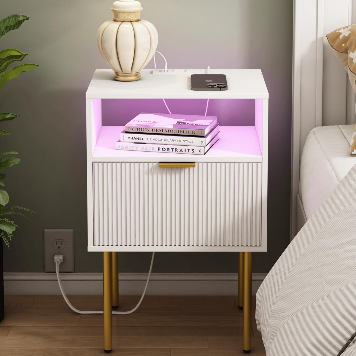 JOONEE modern nightstand front view showing white finish and drawer storage