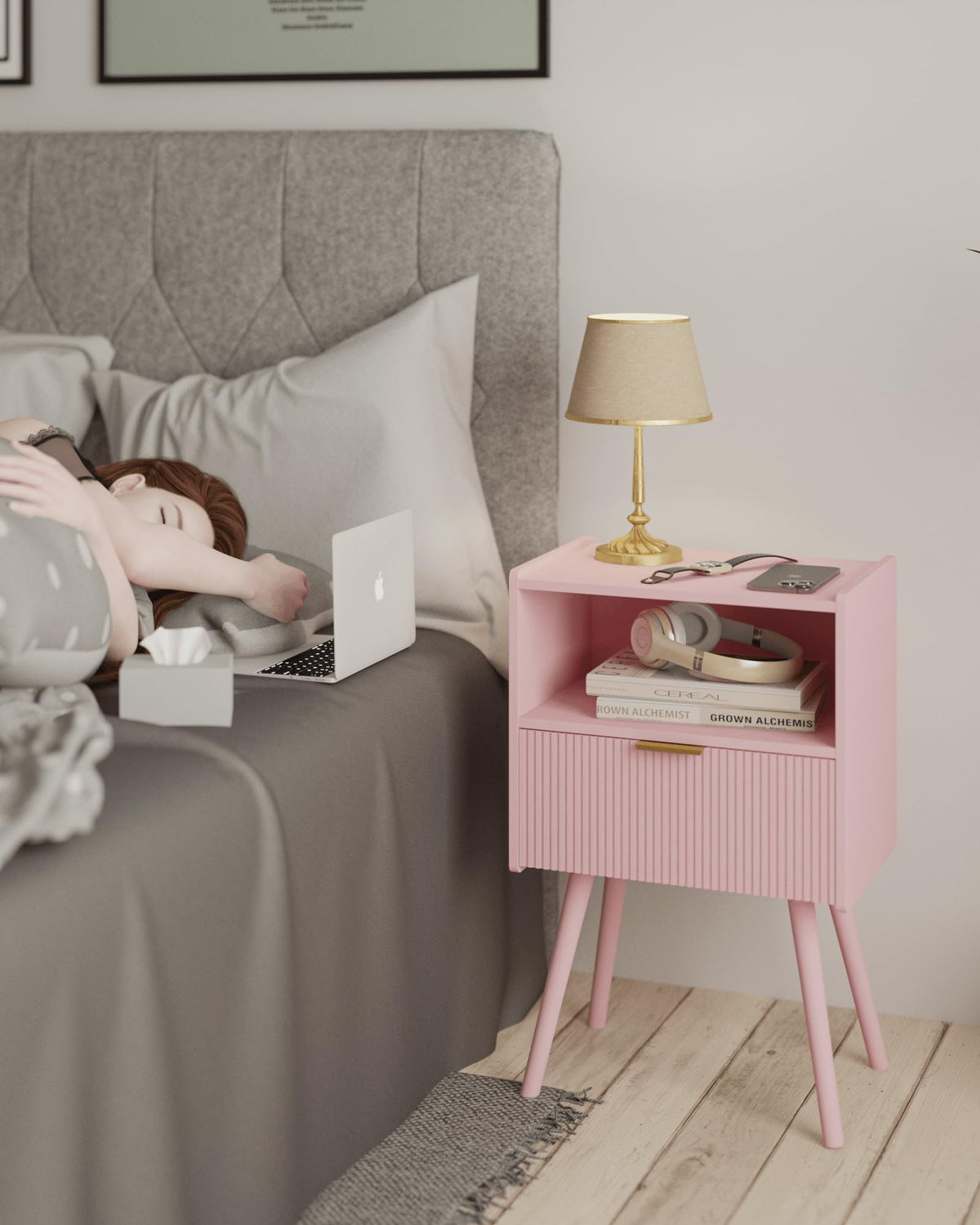 JOONEE nightstand shows clear assembly steps for quick setup.