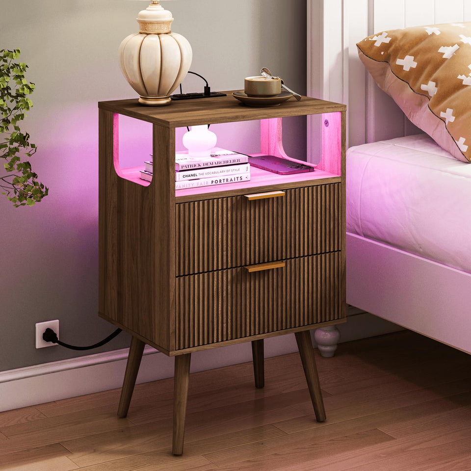 JOONEE nightstand with charging station and LED lights for bedside device power