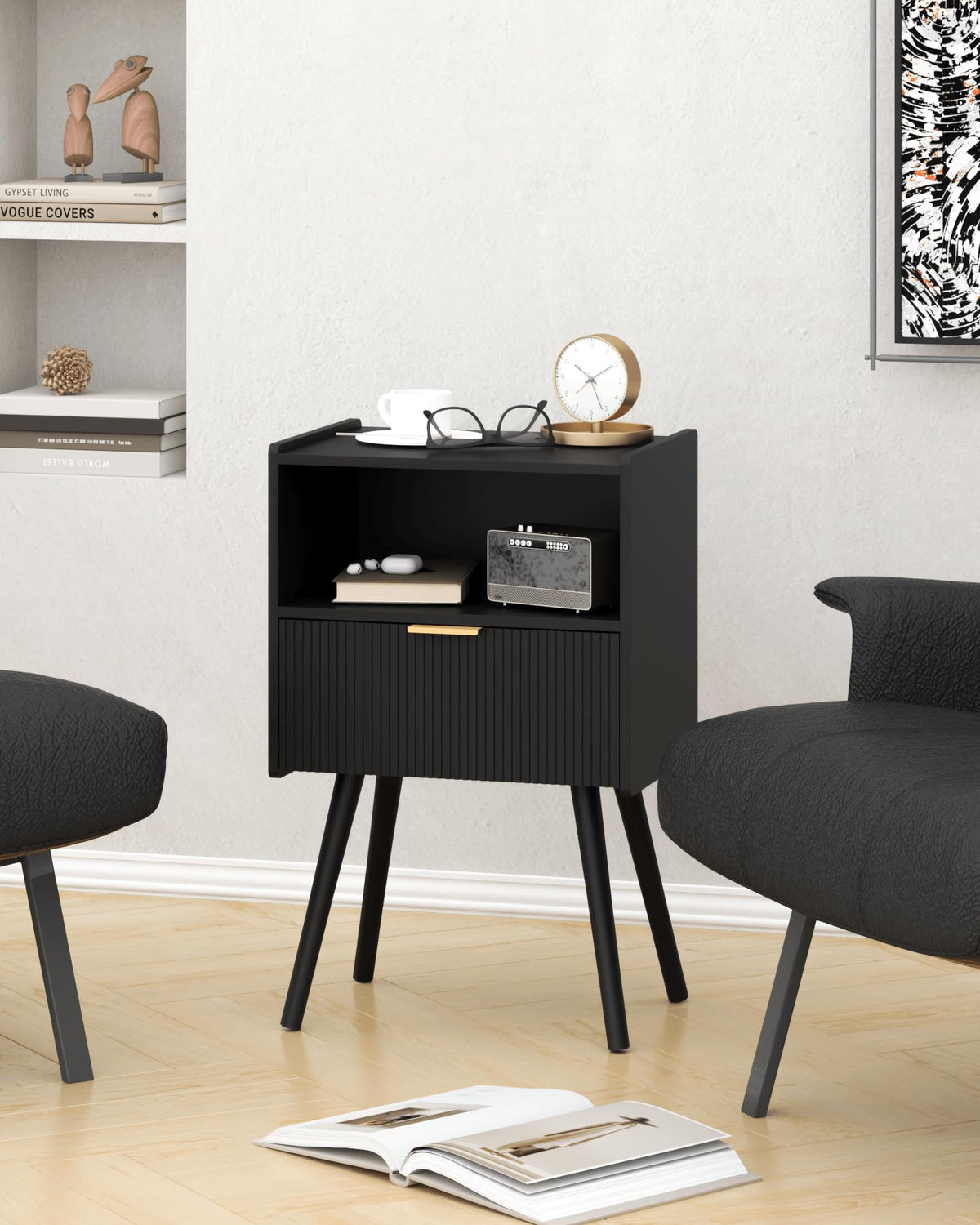 Close-up of MDF top and pine legs on JOONEE nightstand.