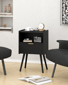 Close-up of MDF top and pine legs on JOONEE nightstand.