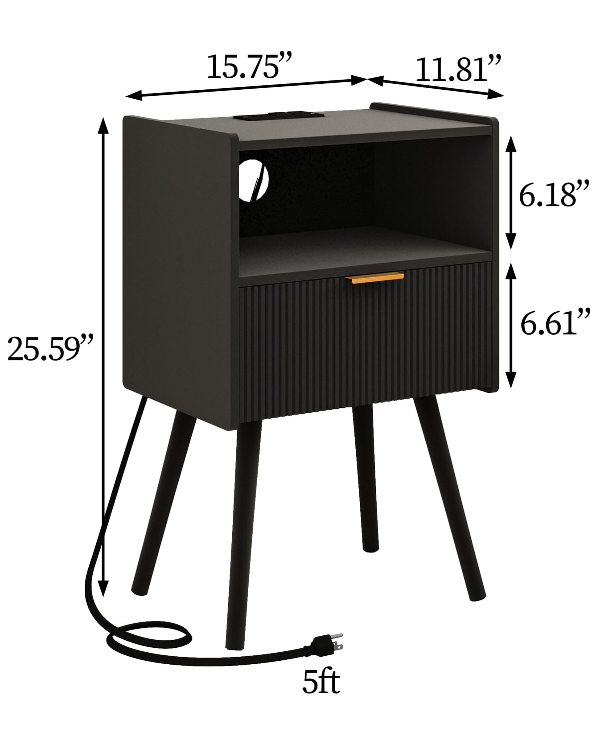 JOONEE nightstand with drawer open—compact storage for remotes and essentials.