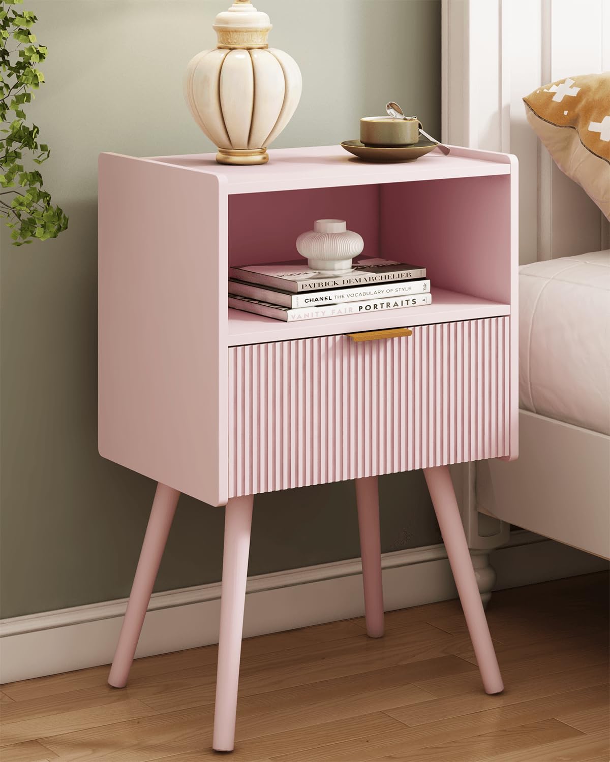 JOONEE nightstand pink finish with drawer and open shelf for essentials.