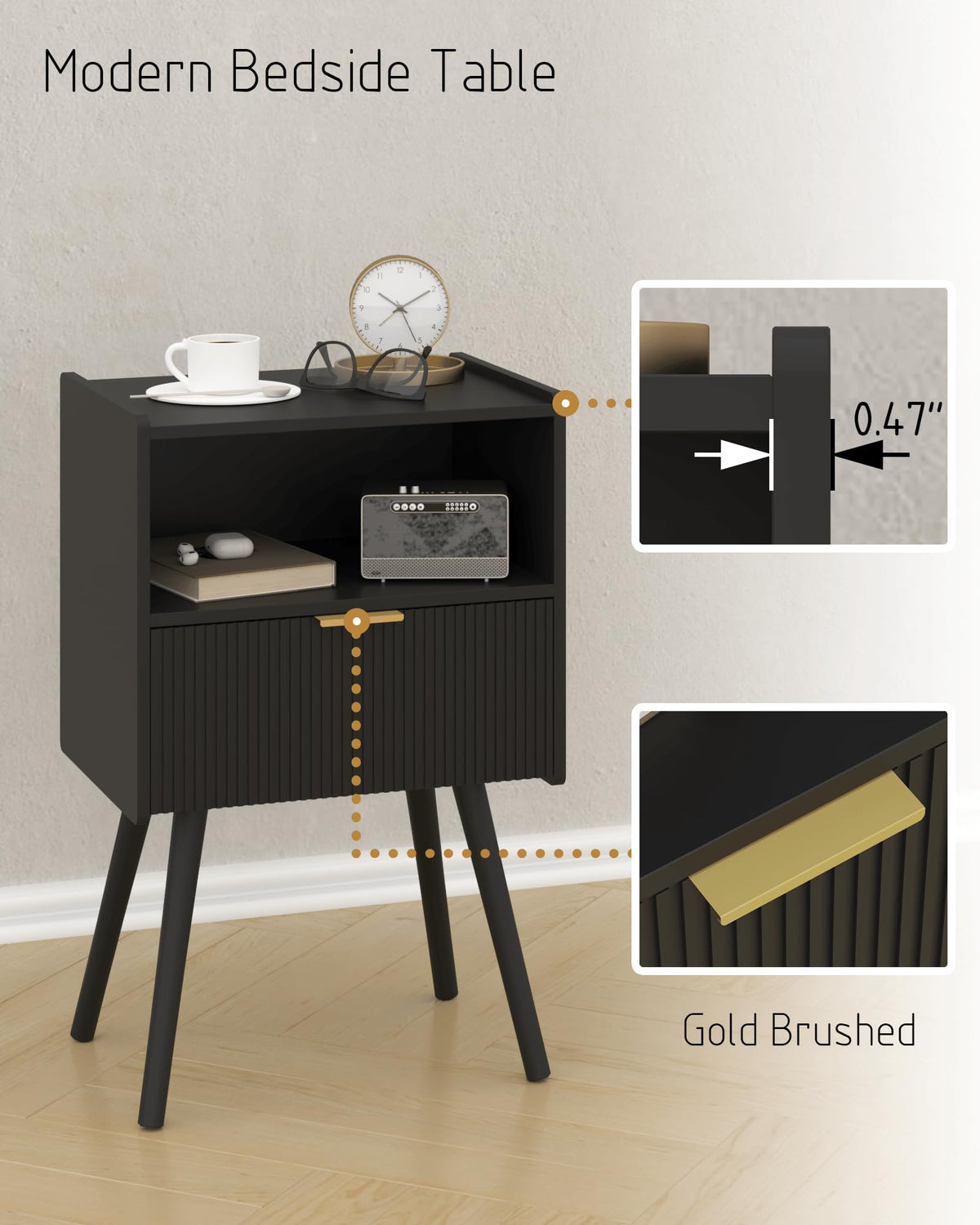 Top surface of JOONEE black nightstand holding a lamp and plant.