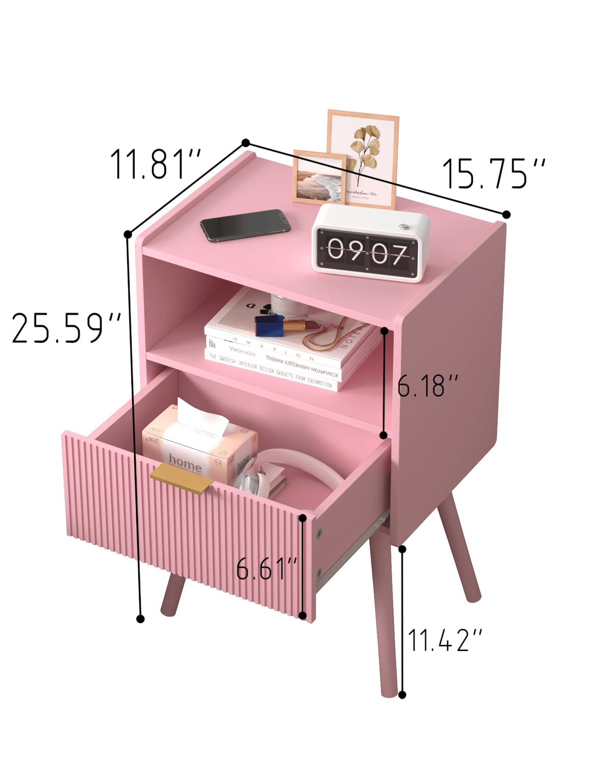 JOONEE nightstand top surface shown with lamp and plant for cozy bedside ambiance.
