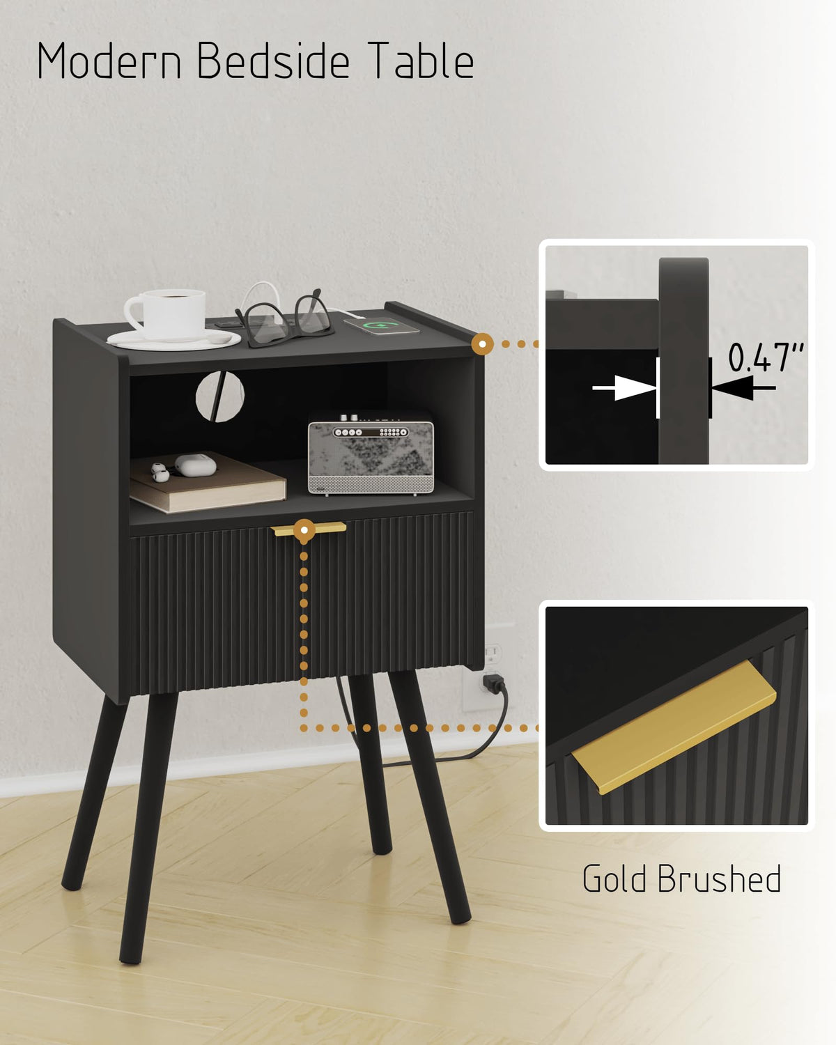 JOONEE nightstand with solid wood legs—durable base and modern appeal.