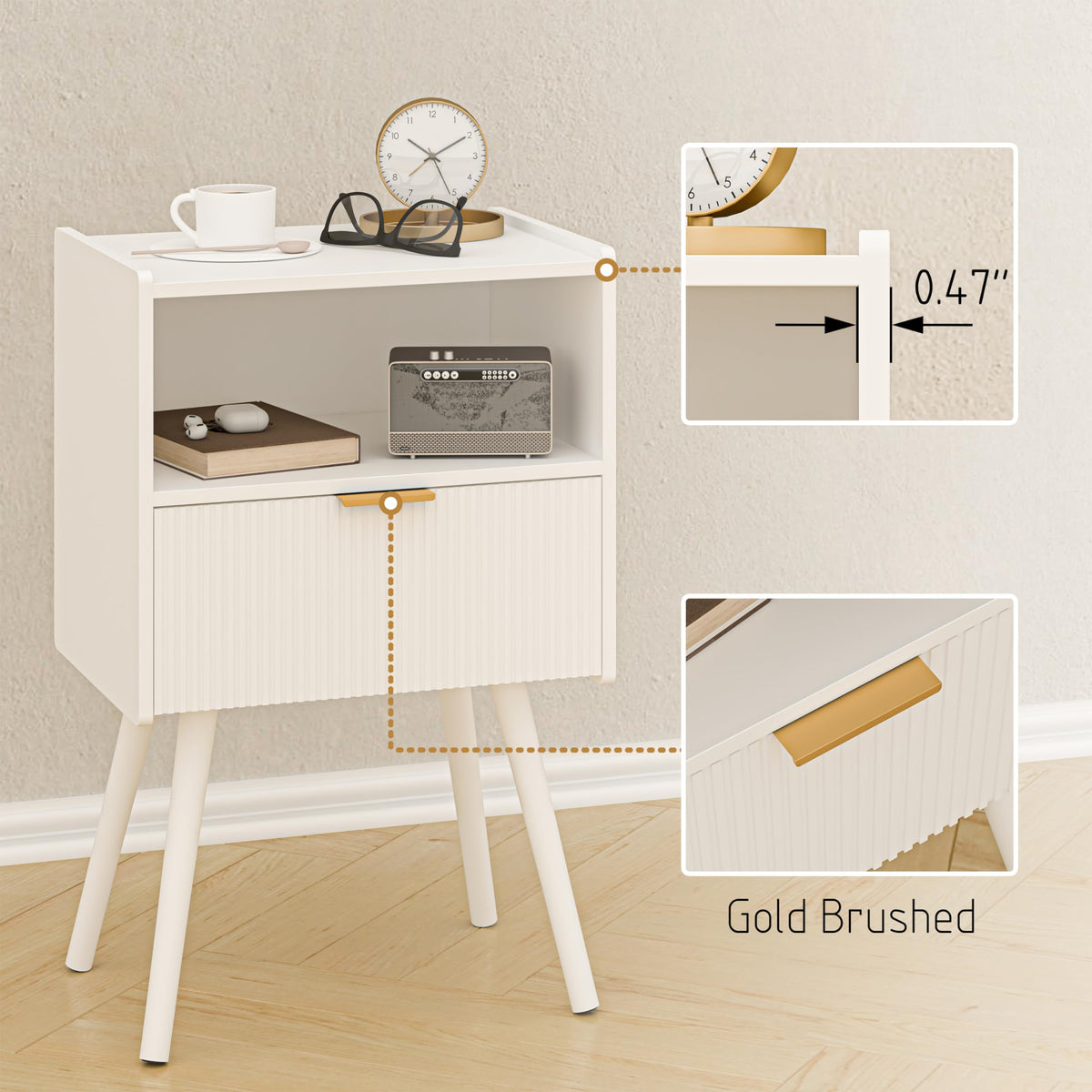 JOONEE white nightstand in a cozy bedroom setup
