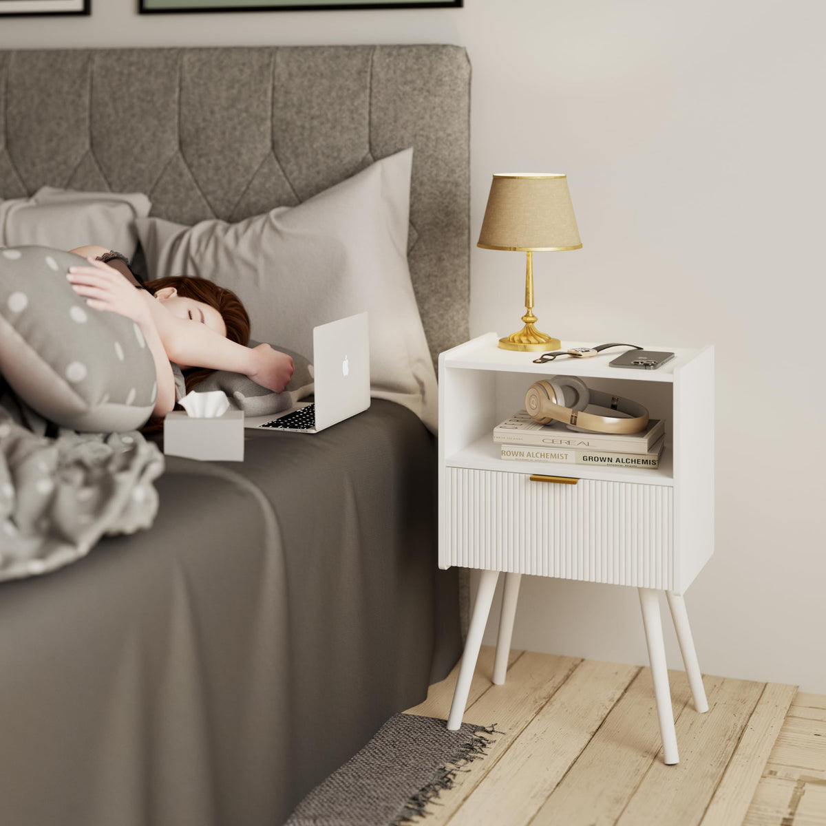 JOONEE white nightstand drawer open showing remote and glasses storage