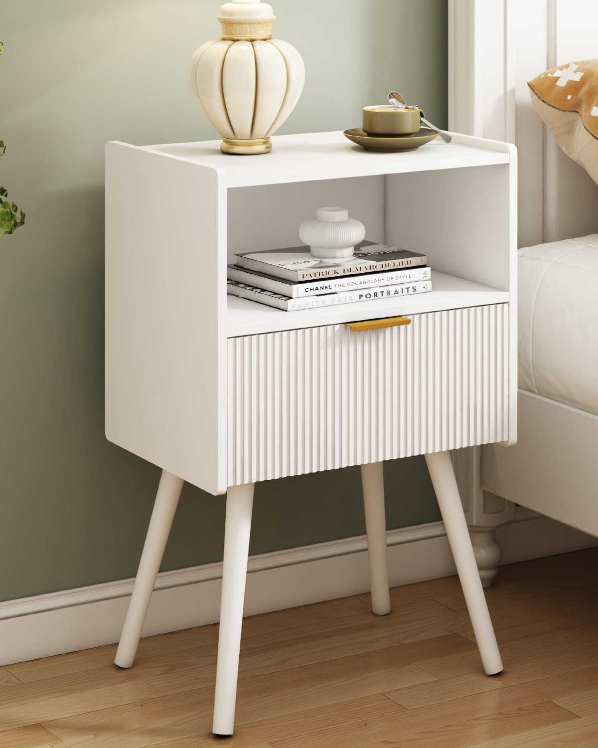JOONEE white nightstand top view with lamp for bedside display