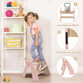 Joothlin wooden 2-step stool pink with anti-slip feet on tile.