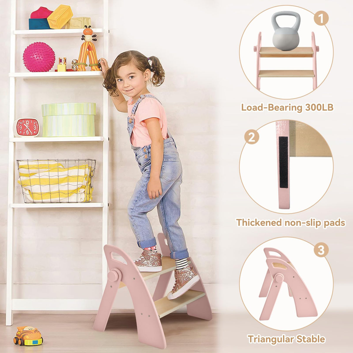 Joothlin wooden 2-step stool pink with anti-slip feet on tile.
