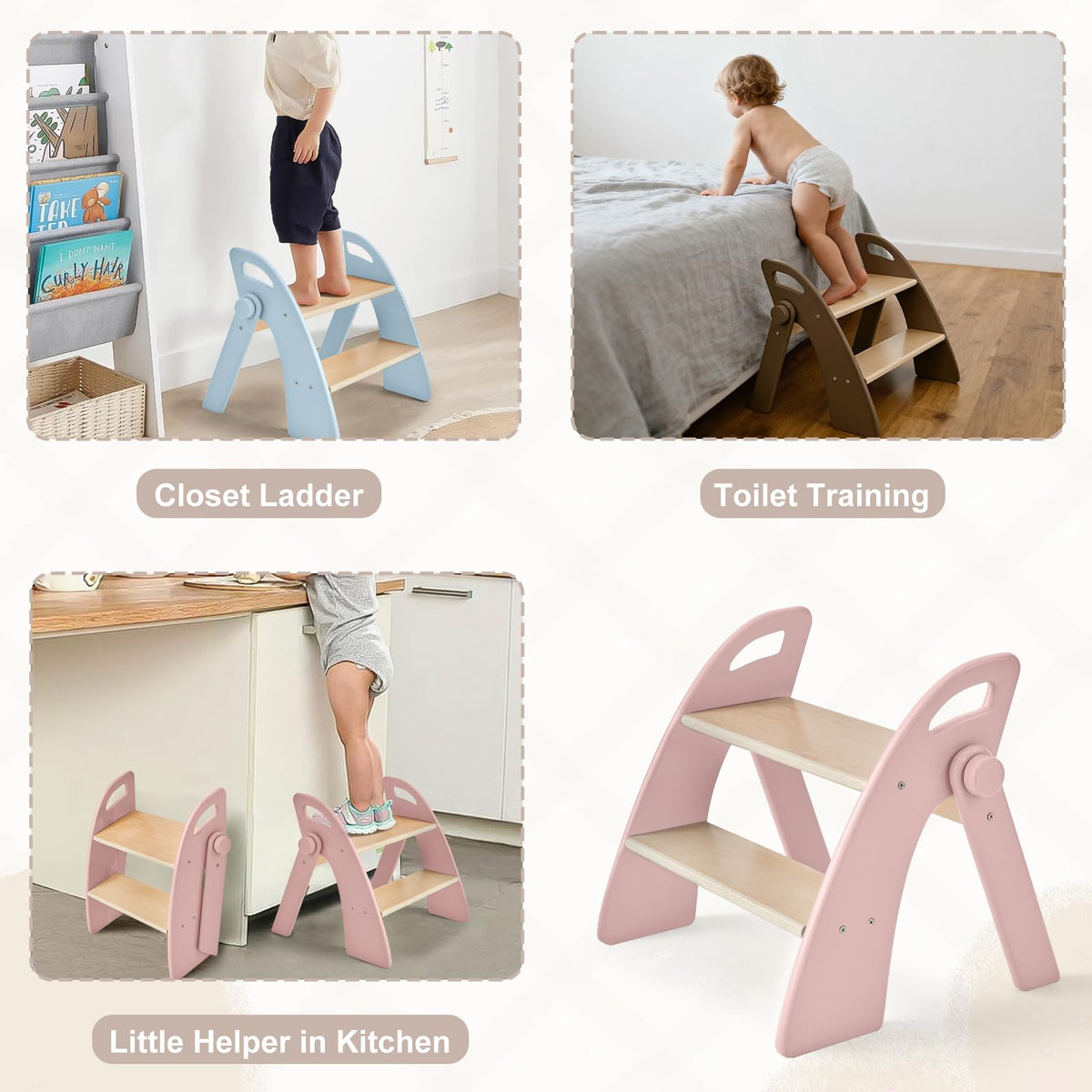 Joothlin wooden 2-step stool pink in use at kitchen sink.
