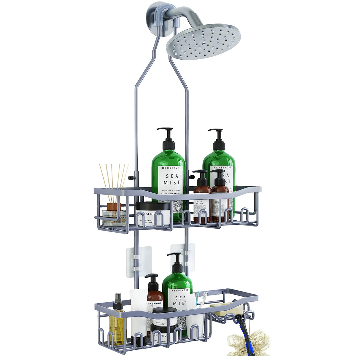 Joqixon over-showerhead caddy showing accessible storage above the head