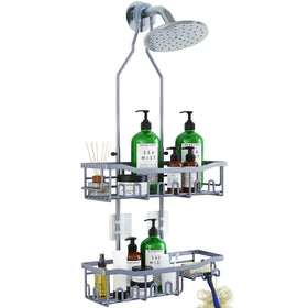Joqixon over-showerhead caddy showing accessible storage above the head