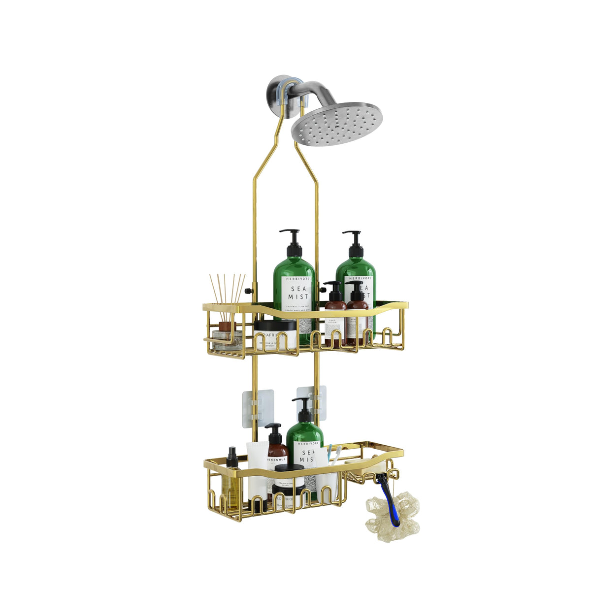 Joqixon shower caddy with extended top basket for easy reach during showers.