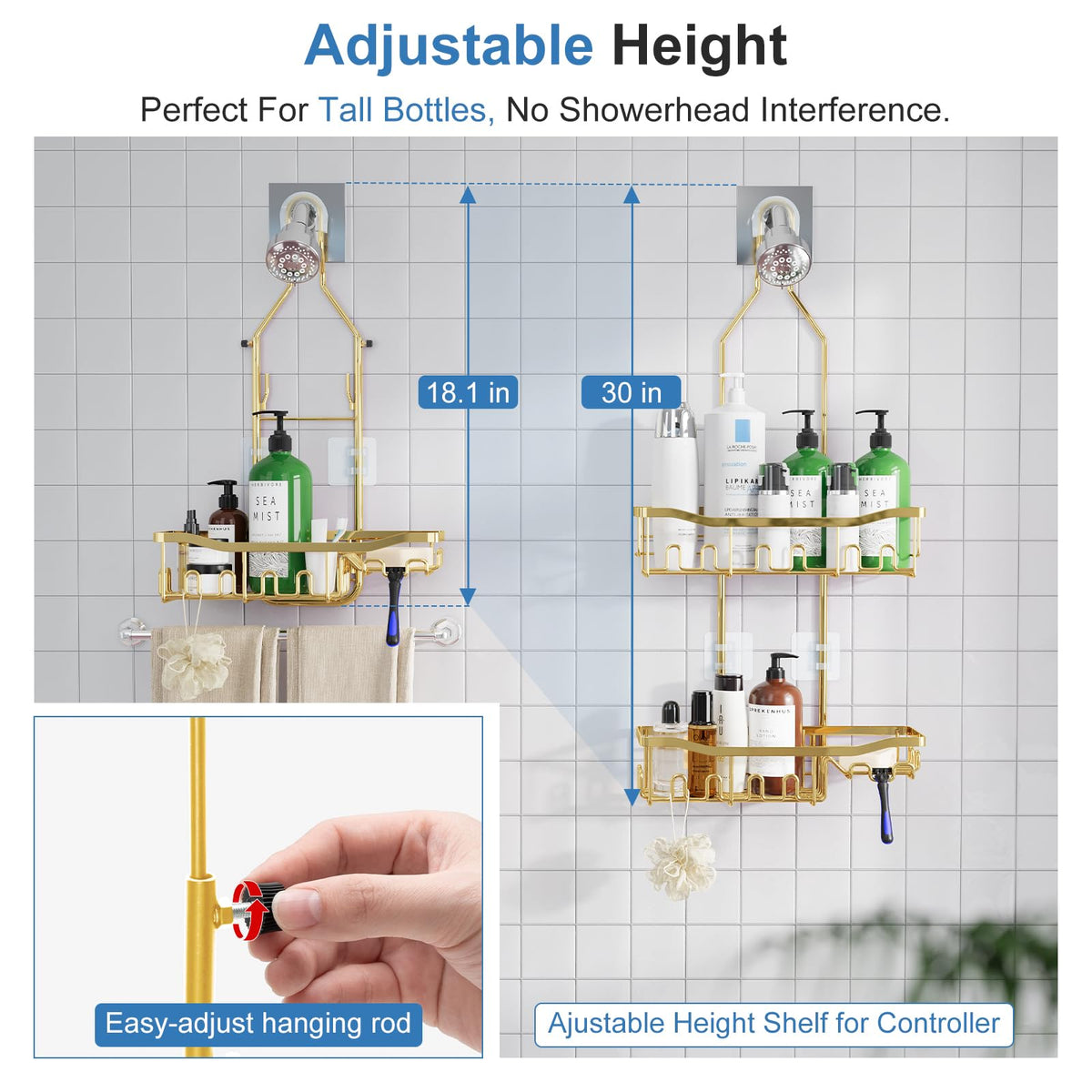 Joqixon shower caddy includes multiple hooks for towels and accessories.