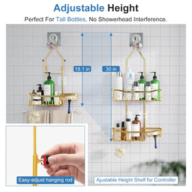 Joqixon shower caddy includes multiple hooks for towels and accessories.